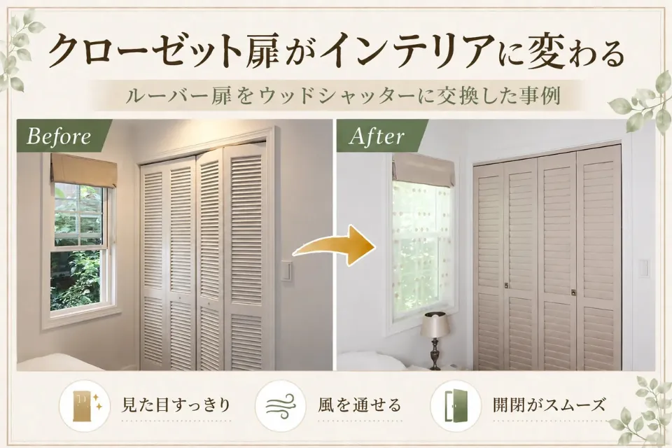 クローゼット扉がインテリアに変わる。ルーバー扉をウッドシャッターに交換した事例