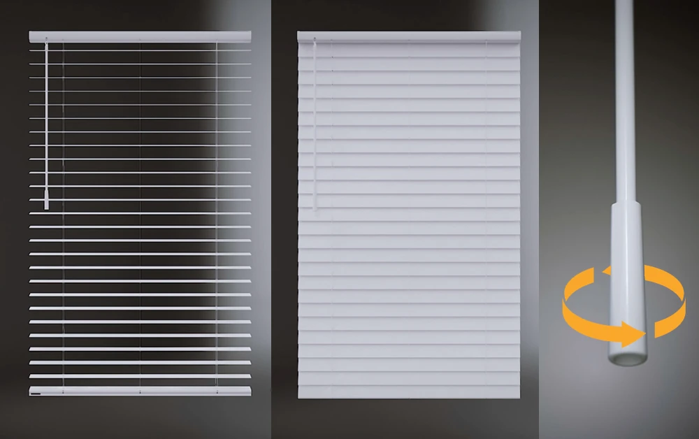 バトンでスラットの角度を調整　採光時と遮光時を比較した写真