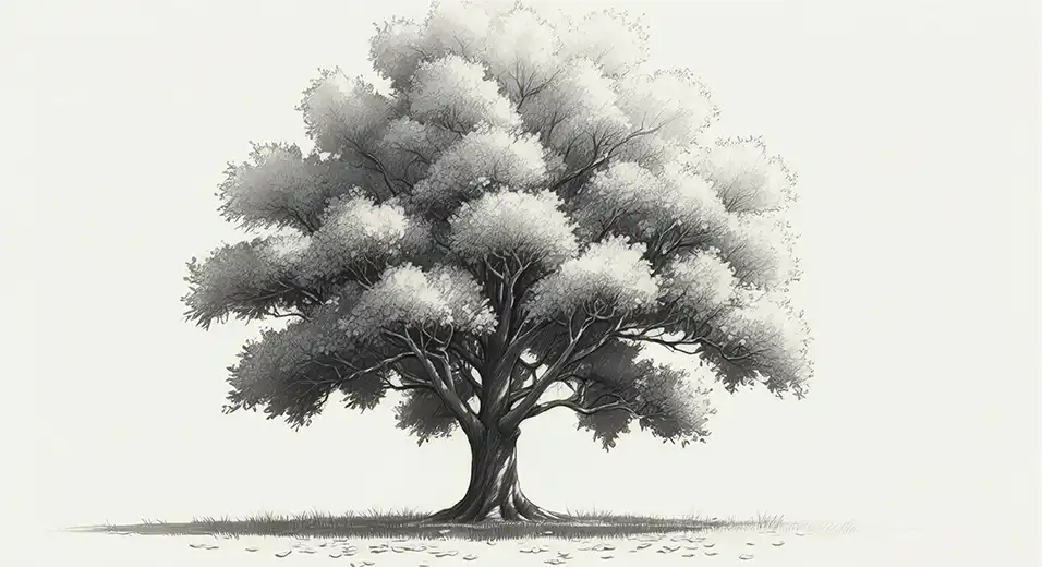 桐のイメージイラスト。白黒で描かれた一本の大きな木。繊細な枝葉が広がり、力強い幹が大地に根を張る、落ち着いた雰囲気。