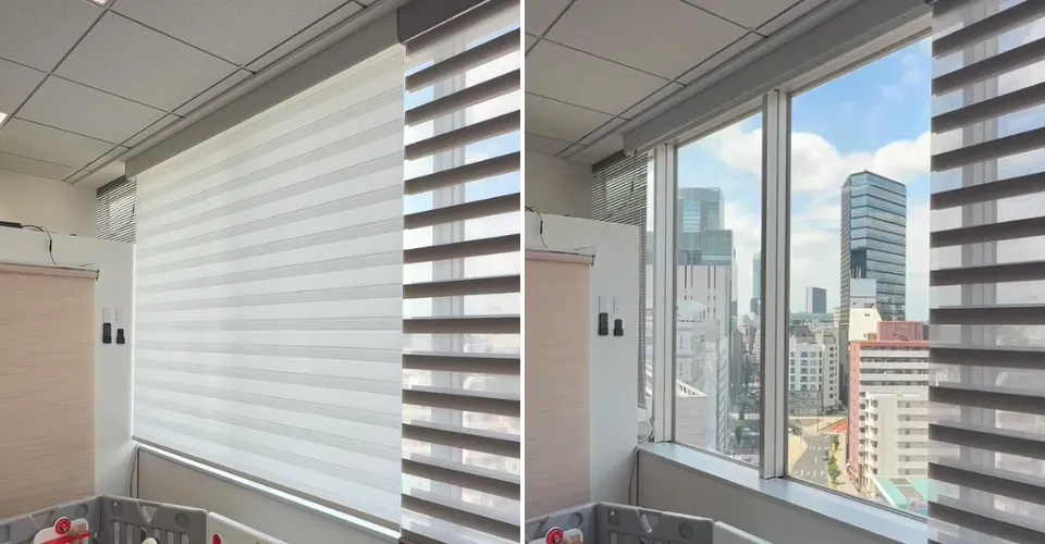 パーフェクトシアーシェードのおろした状態と巻き上げた状態の比較画像
