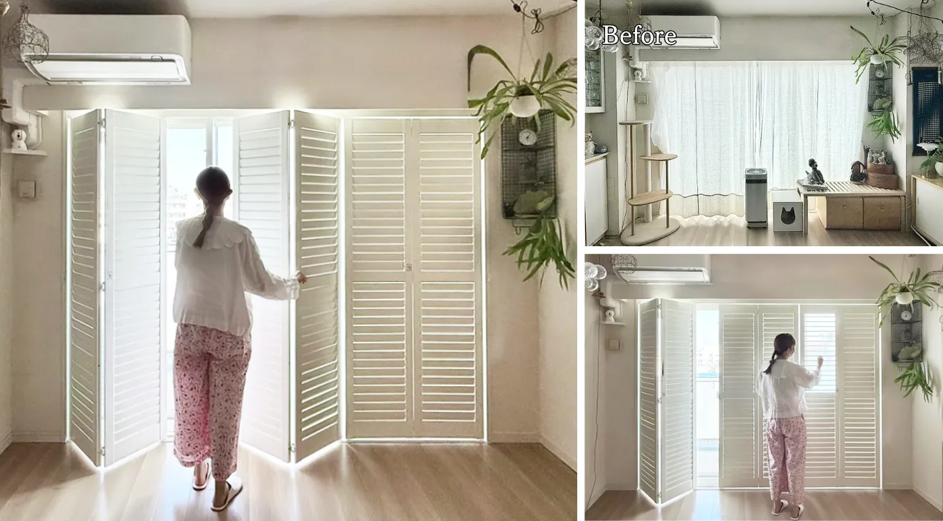 ビフォーアフター写真（カーテンからウッドシャッターへ）