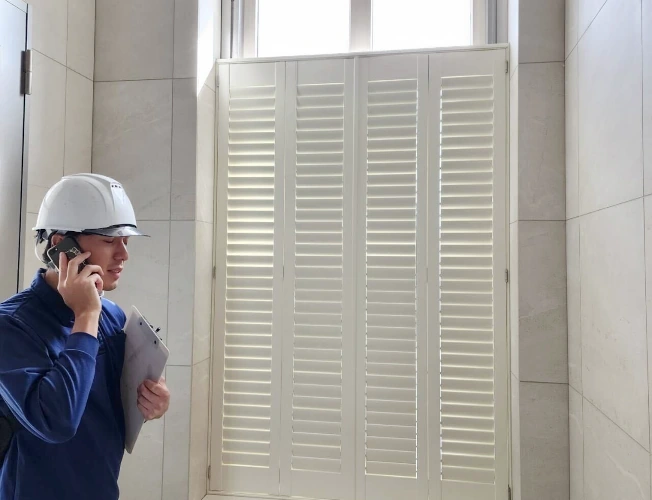 ウッドシャッターの施工現場で、製品を前に携帯電話で話をしている男性