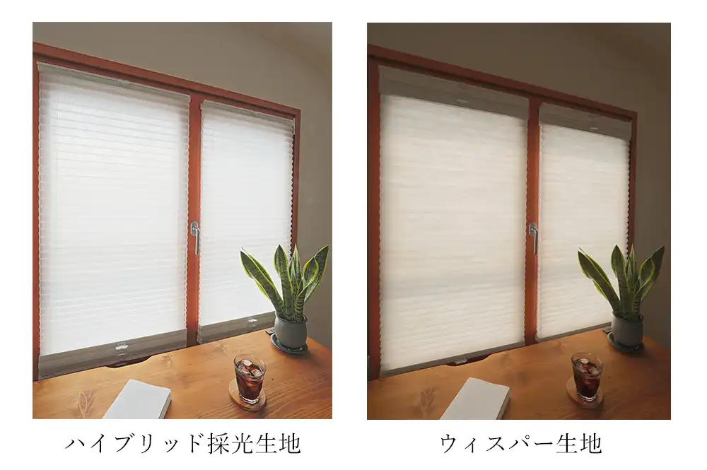 NORMAN®だけのオリジナル生地、「ハイブリッド採光生地」と「ウィスパー生地」の導入事例を並べて掲載。
