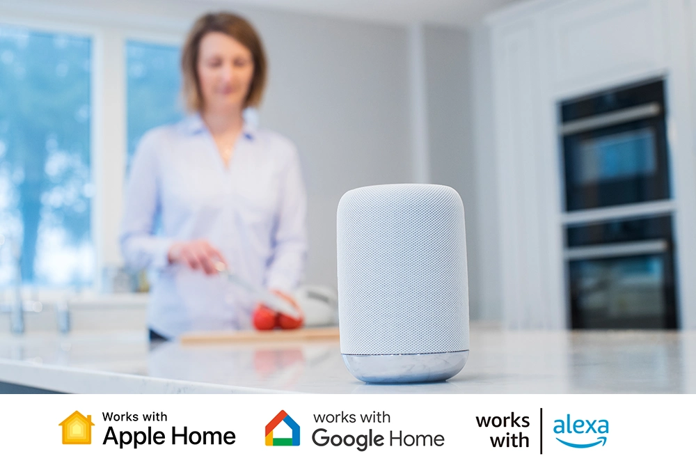スマートスピーカーのそばで調理する女性とApple Home、Google Home、Alexaのロゴ