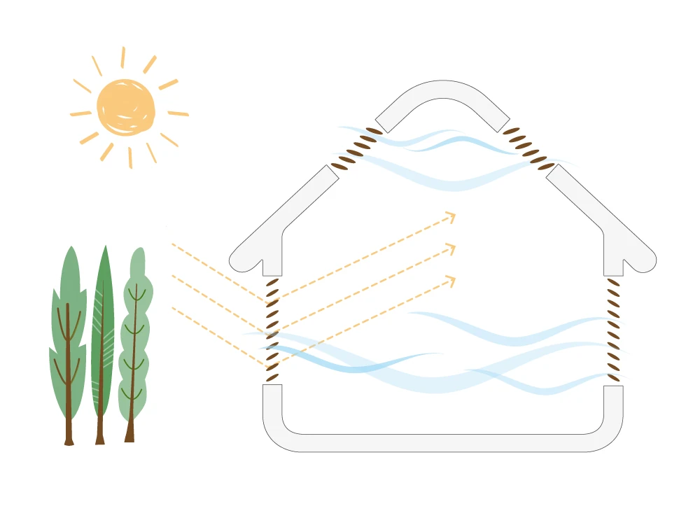 ウッドシャッターの通風・光の道筋を表したイラスト