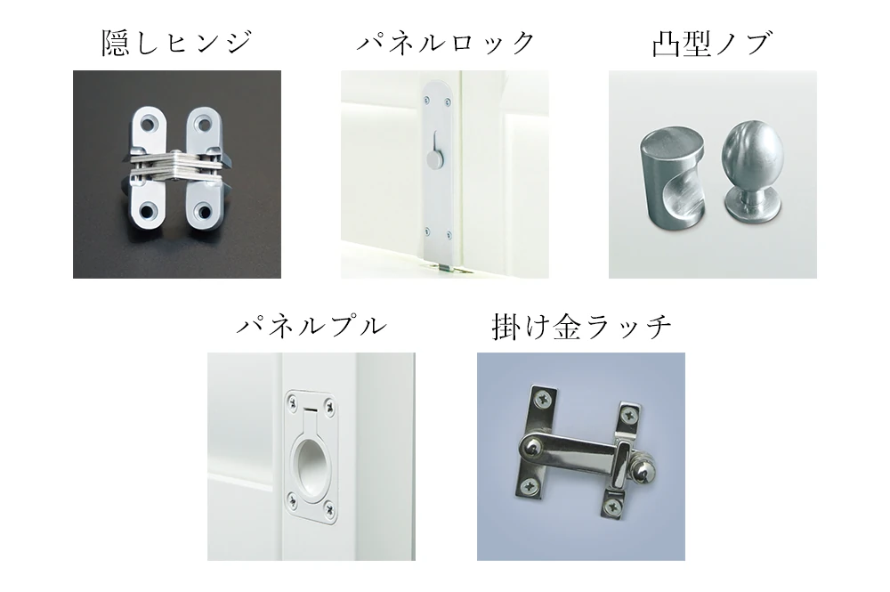 隠しヒンジ、パネルロック、凸型ノブ、パネルプル、掛け金ラッチ。5つの金具オプションを説明した画像